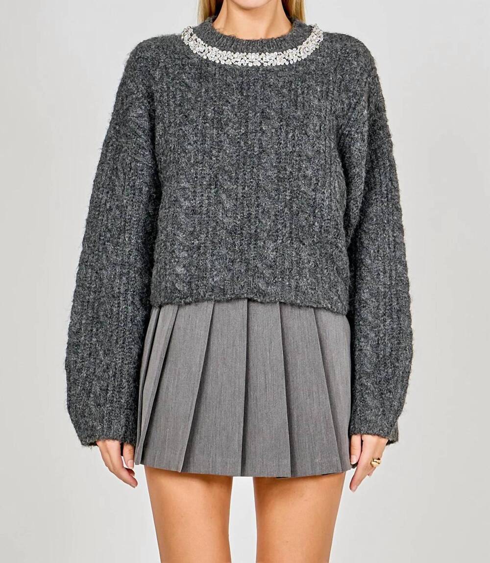 NEW ENDLESS ROSE jewel embroidered cable knit chunky sweater in charcoal